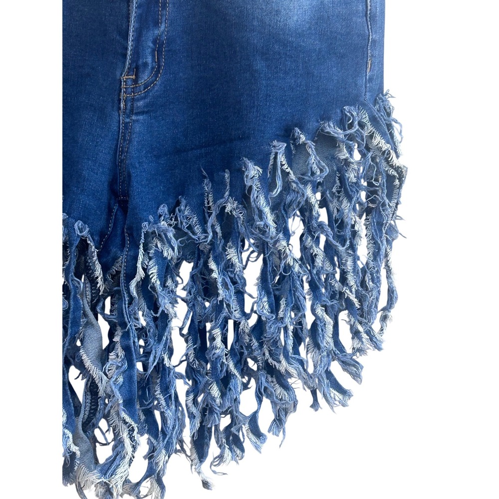 JC & JQ Blue Denim High Waisted Fringe Tassel Shorts HS2309 Medium Wash Womens S - Picture 4 of 6